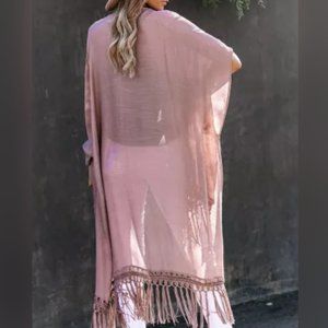 Fringe Kimono Beach Cover up Mauve / Pink
